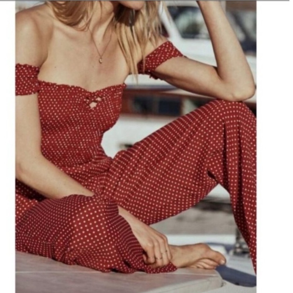 Sage The Label M Anthropologie Red Polka‎ Dot Off Shoulder Wide Leg Jumpsuit